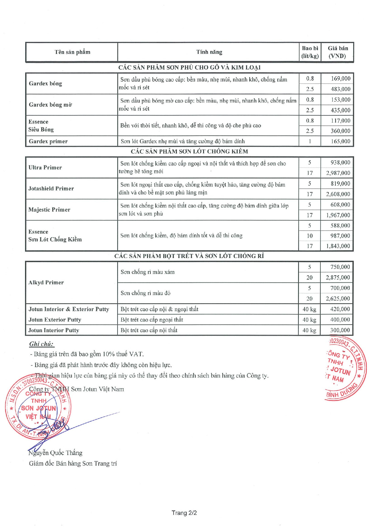 bảng giá sơn jotun từ 22.8.2018